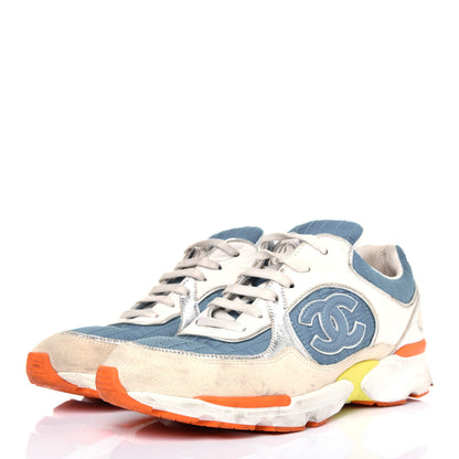Chanel Suede Calfskin Fabric CC Sneakers 36.5 Blue White Orange 3 of 19