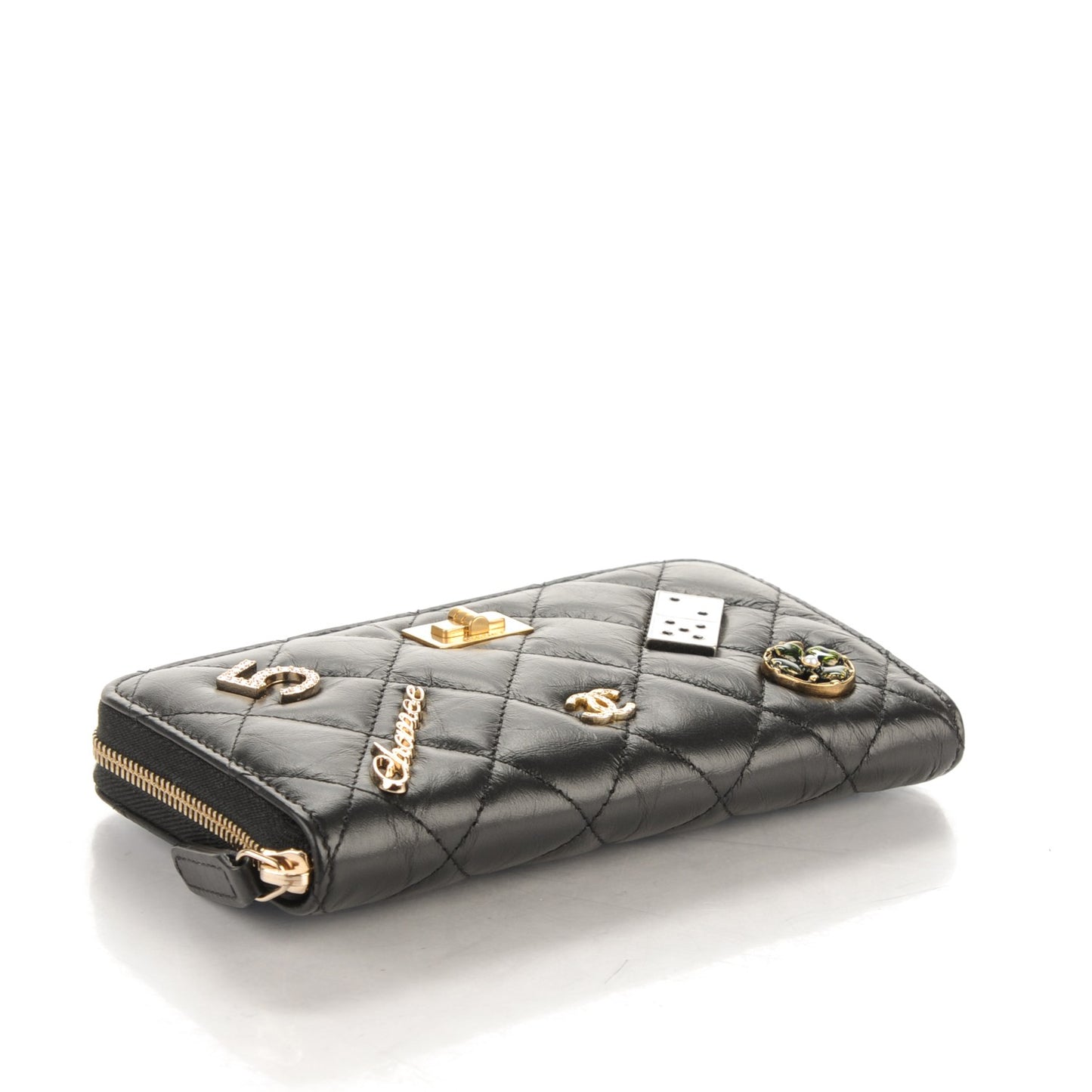 Aged Calfskin Quilted Small Lucky Charms Casino 2.55 Reissue Zip Around Wallet Black