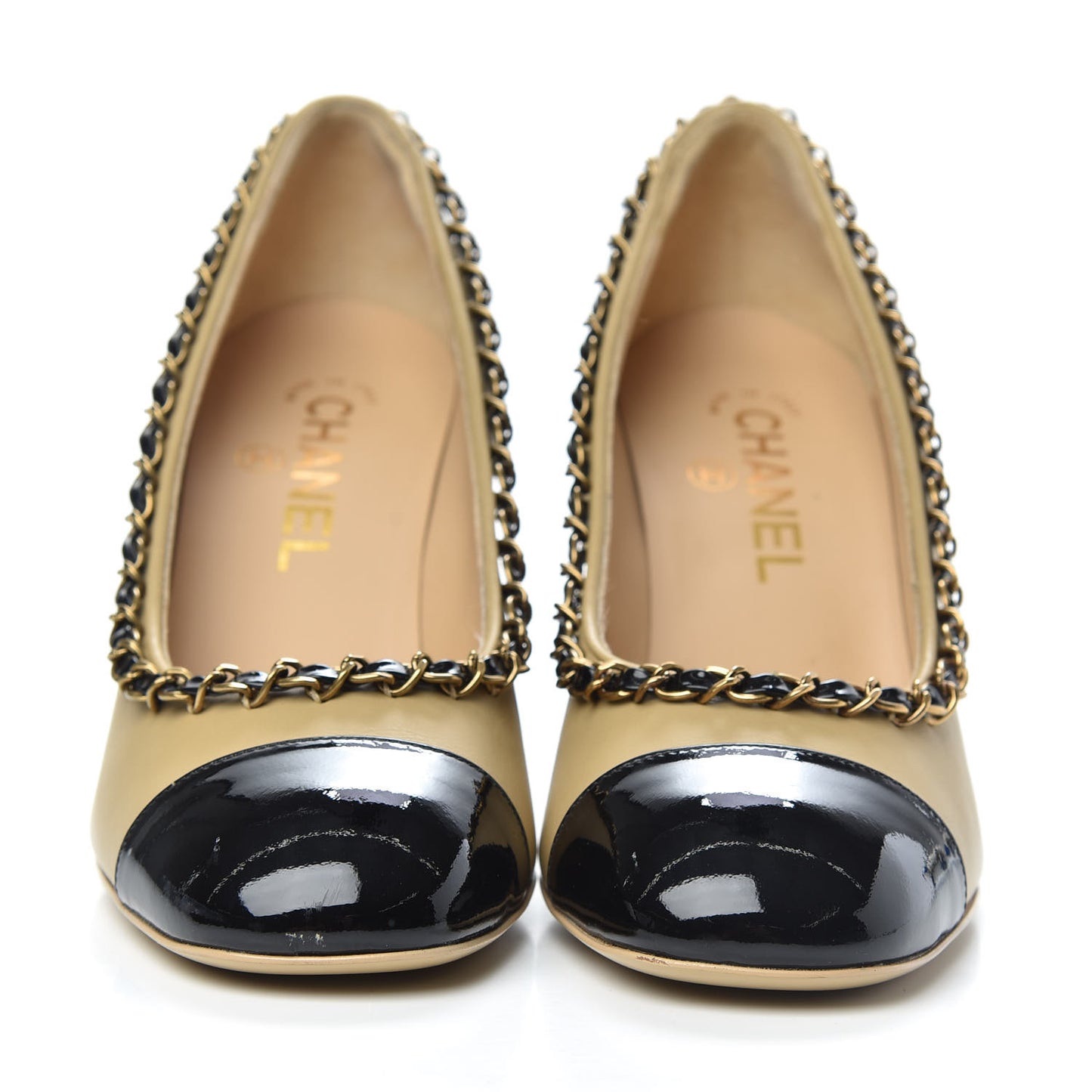 Calfskin Patent Calfskin Chain Cap Toe Pumps 36.5 Beige Black