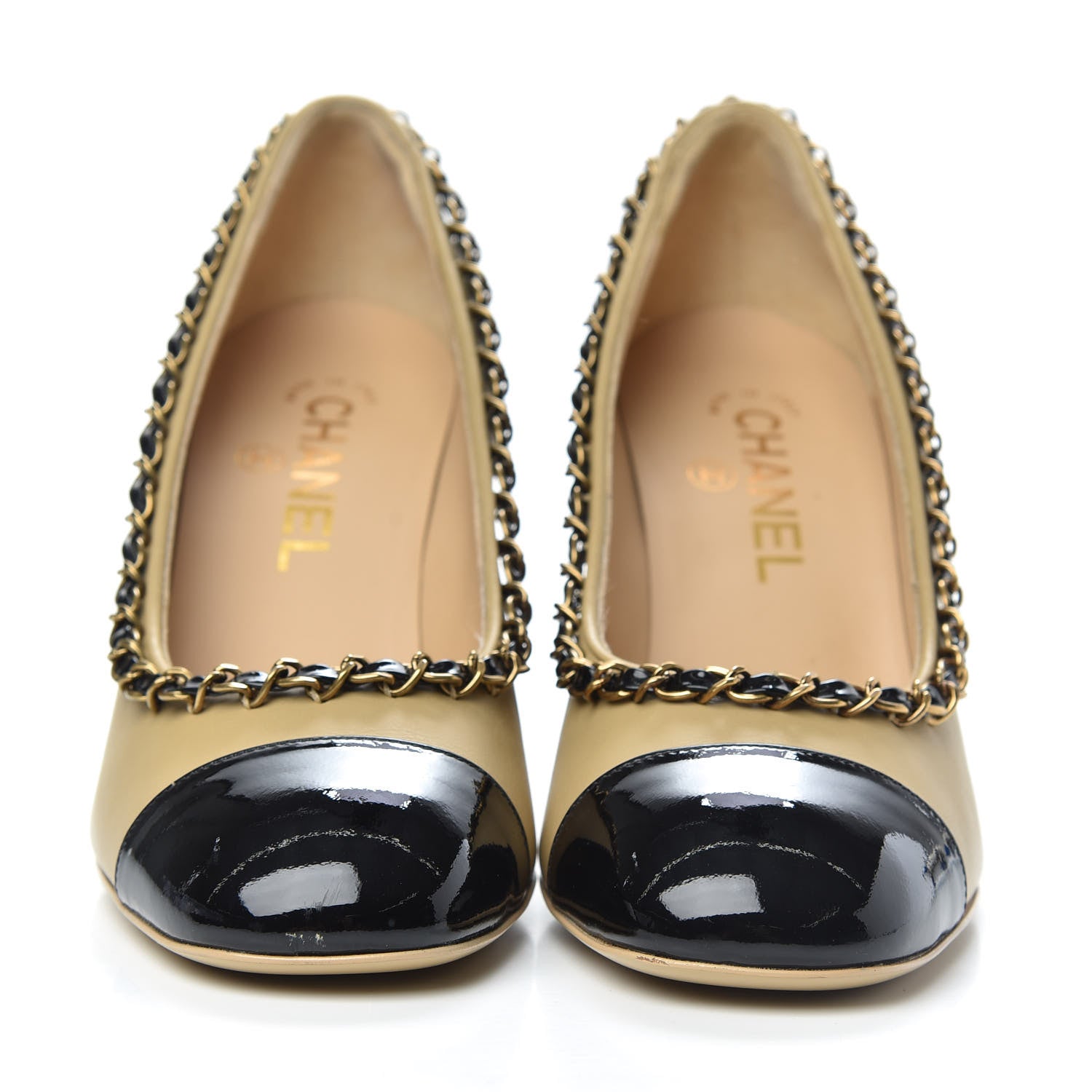 Chanel Calfskin Patent Calfskin Chain Cap Toe Pumps 36.5 Beige Black 2 of 11