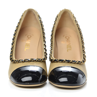 Chanel Calfskin Patent Calfskin Chain Cap Toe Pumps 36.5 Beige Black 2 of 11