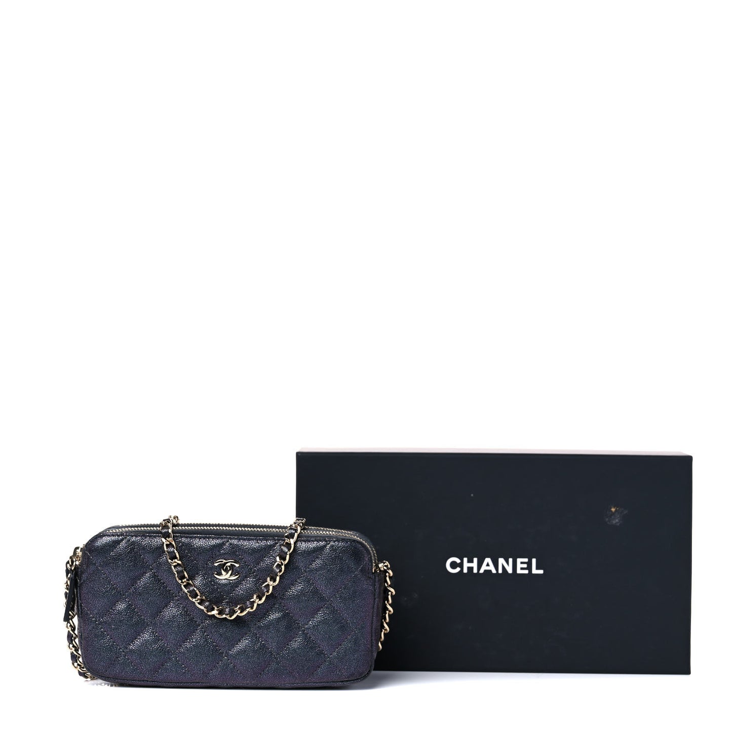 Iridescent Caviar Quilted Small Clutch With Chain Black