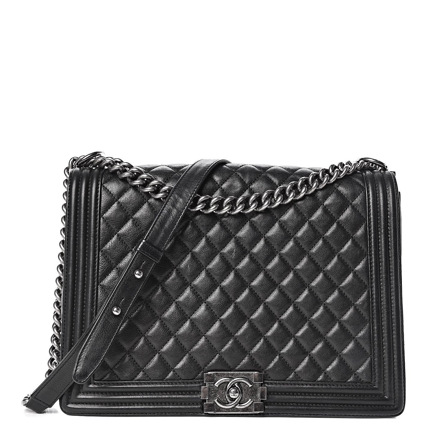 Calfskin Quilted Large Boy Flap Black