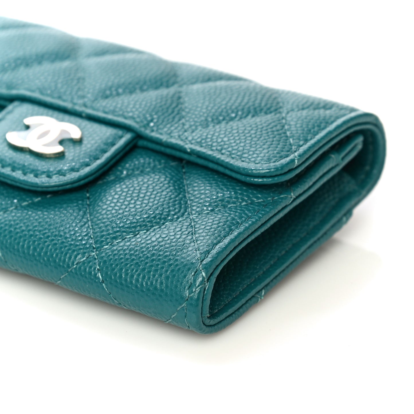 Caviar Quilted Flap Card Holder Wallet Turquoise