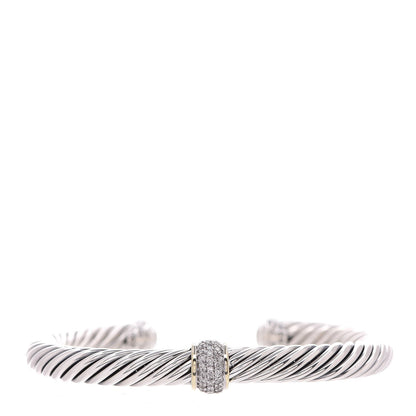 David Yurman Sterling Silver 18K Yellow Gold Diamond 7mm Cable Classics Station Bracelet 1 of 6