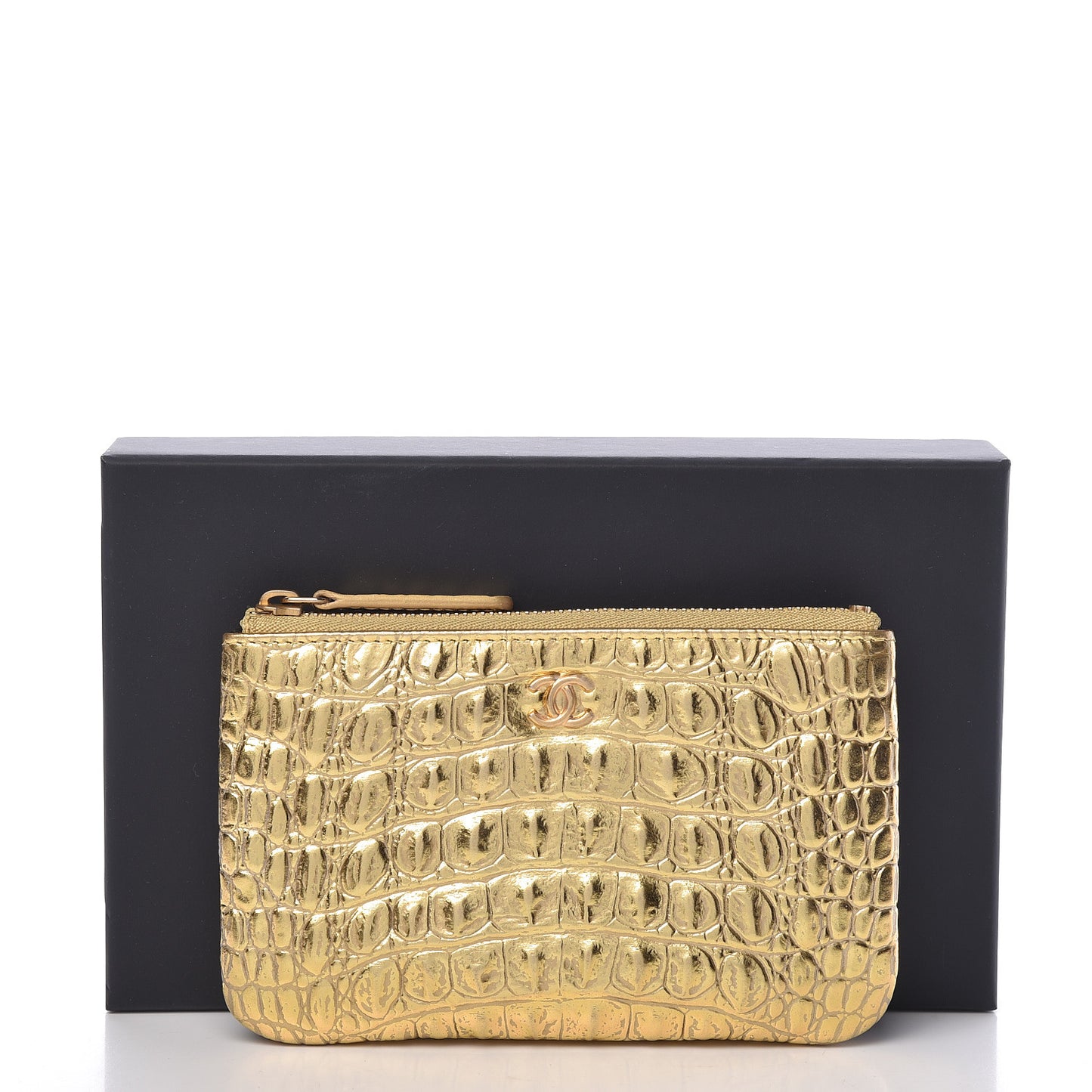 Metallic Calfskin Crocodile Embossed Cocodile Small Cosmetic Case Gold