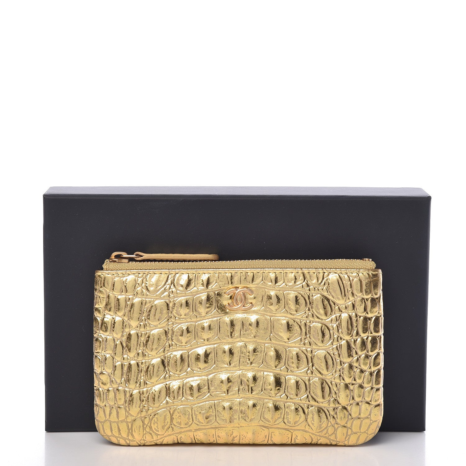 Chanel Metallic Calfskin Crocodile Embossed Cocodile Small Cosmetic Case Gold 8 of 8