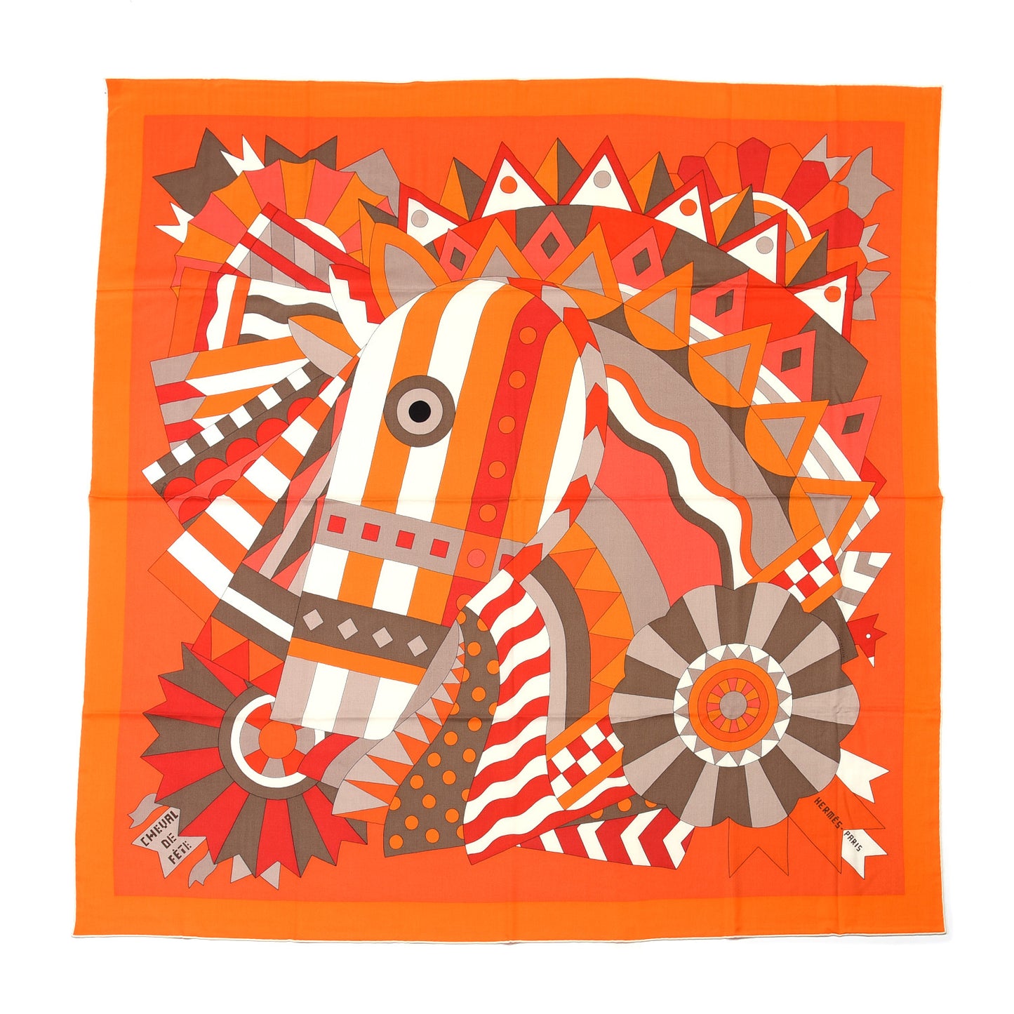 Cashmere Silk Cheval De Fete Shawl 140 Orange Vermillon White
