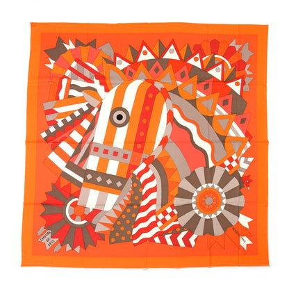 Hermes Cashmere Silk Cheval De Fete Shawl 140 Orange Vermillon White 1 of 5