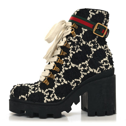 Gucci Tweed GG Monogram Lace Up Combat Ankle Boots 38.5 Black 1 of 8