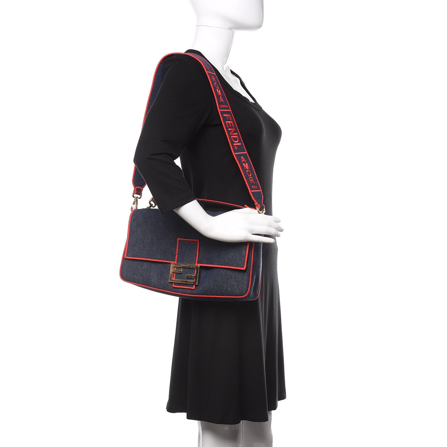 Fendi Denim Large Baguette Blue Rosso 2 of 11