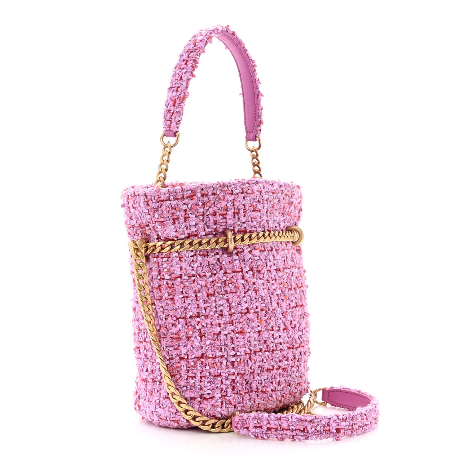 Chanel Tweed Enamel Quilted Pending CC Bucket Drawstring Bag Light Purple Pink Red 3 of 10