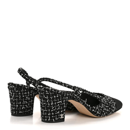 Chanel Tweed Grosgrain Cap Toe CC Slingback Pumps 39 Black White 5 of 11