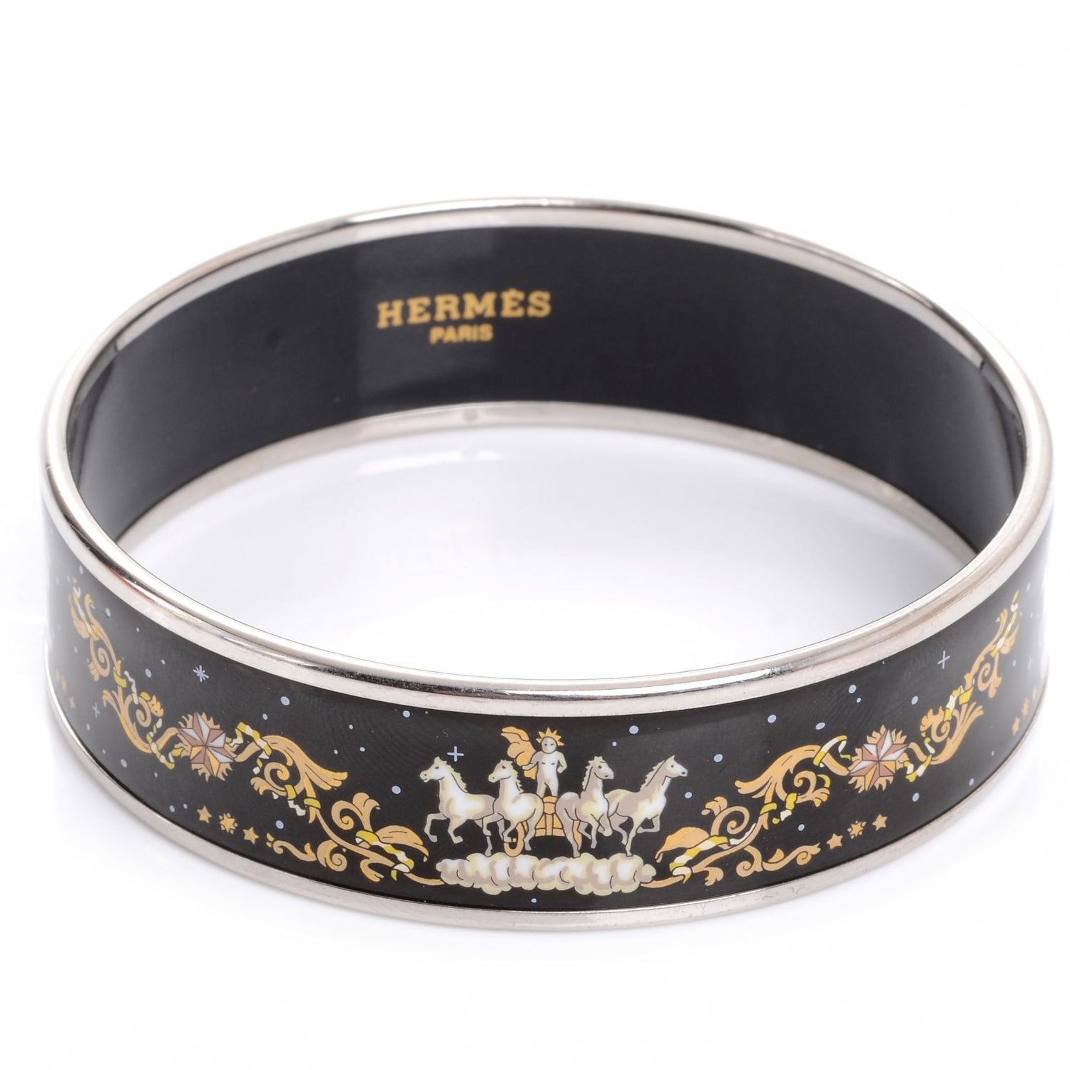 Hermes Enamel Printed Horses Wide Bracelet 70 Black 1 of 5
