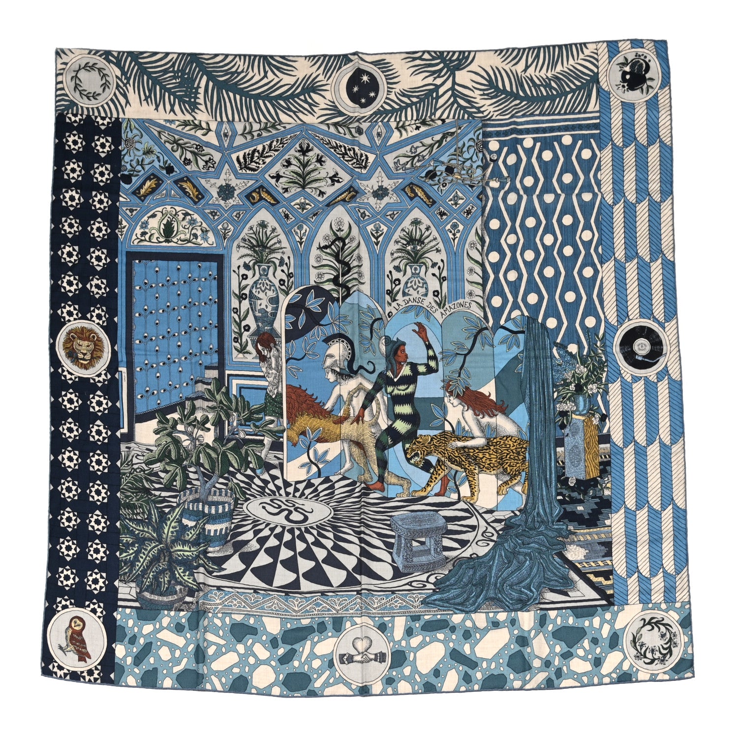 Hermes Cashmere Silk La Danse Des Amazones Shawl 140 Bleu Gris Vert 1 of 7