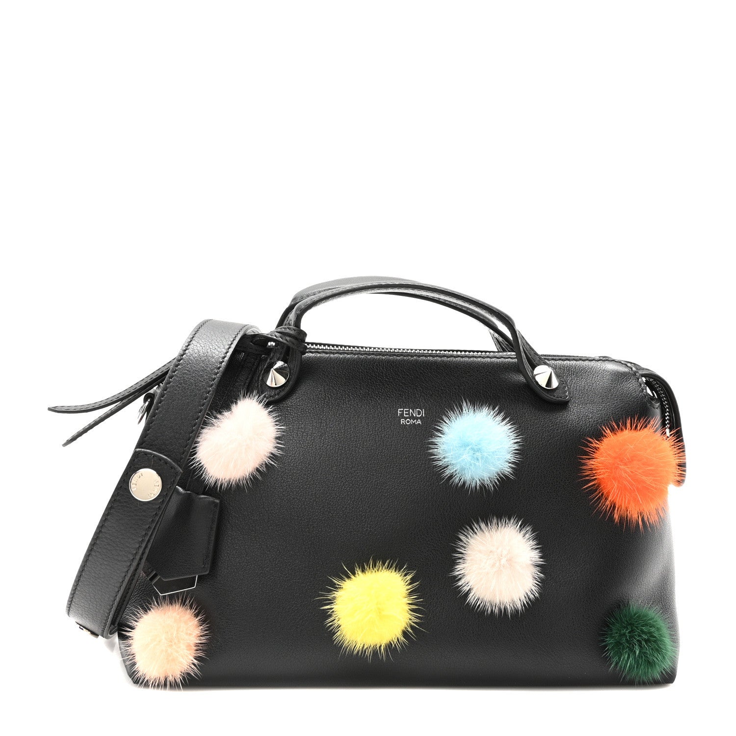 Fendi Vitello Dolce Mink Fur Pom Pom Medium By The Way Boston Bag Black Multicolor 1 of 10