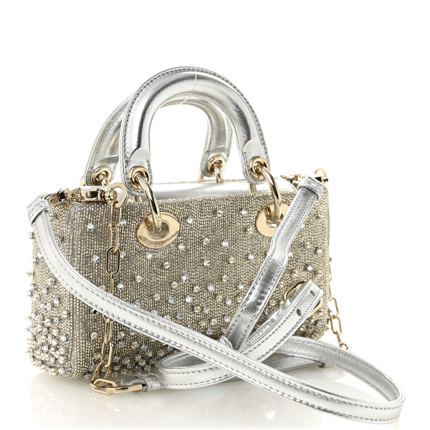 Christian Dior Metallic Lambskin Crystal Beaded Embroidered Micro Lady D-Joy Silver 3 of 11