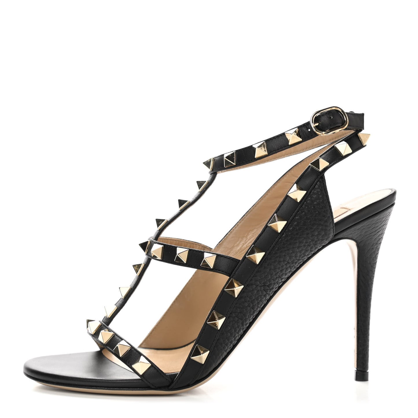Pebbled Calfskin Rockstud Ankle Strap Open Toe 100mm Sandals 37 Black