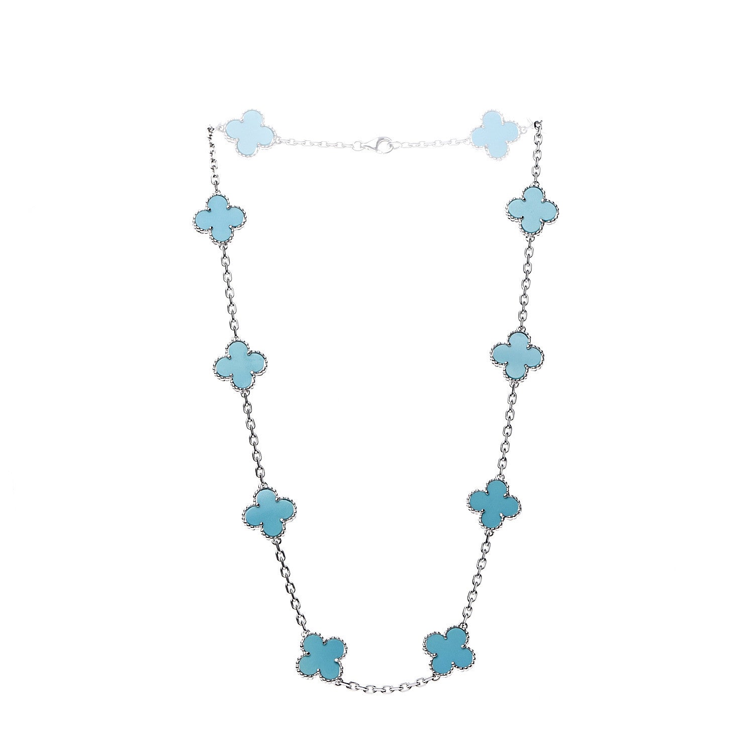 Van Cleef & Arpels 18K White Gold Turquoise 10 Motifs Vintage Alhambra Necklace 2 of 7