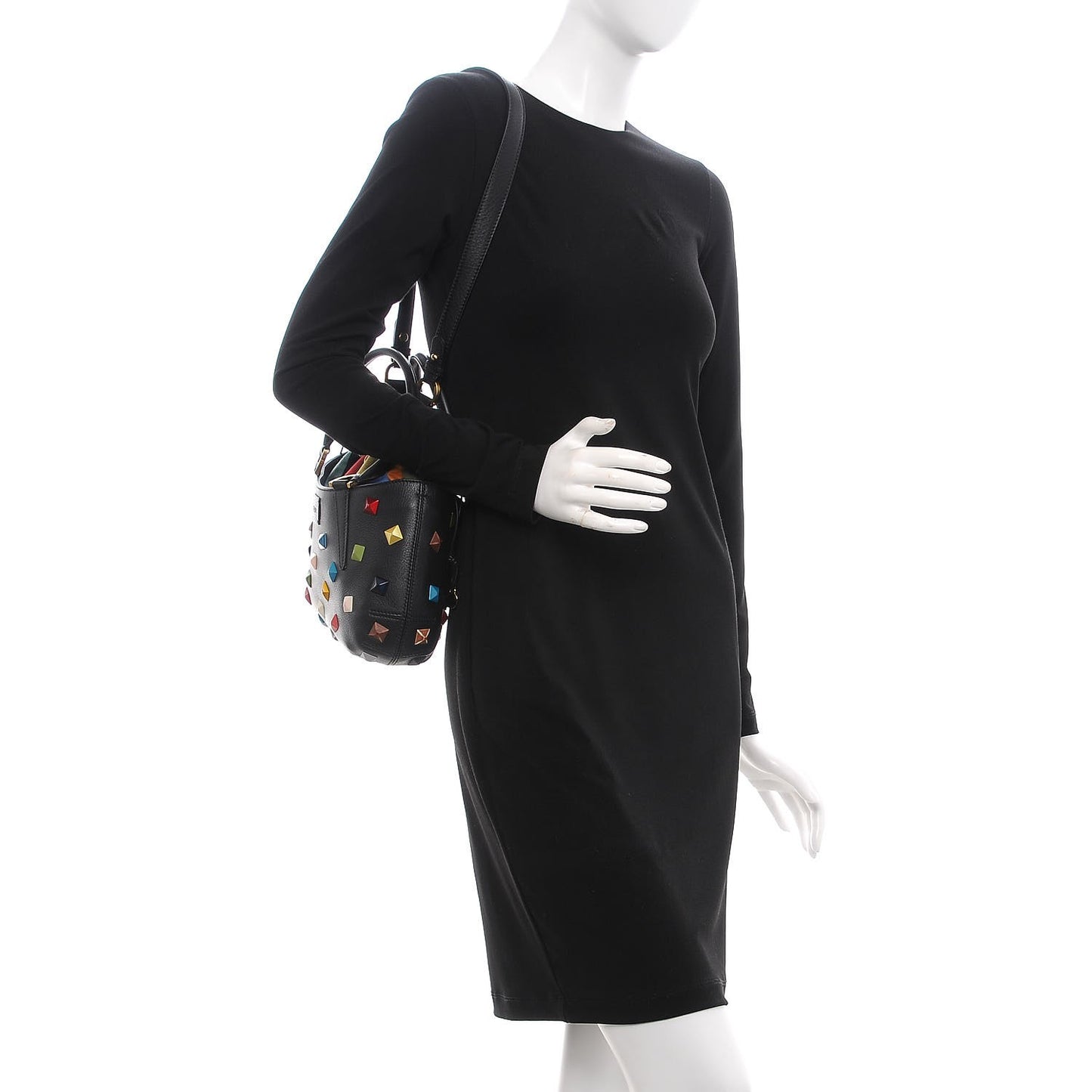 Calfskin Studded Small Drawstring Satchel Black Multicolor