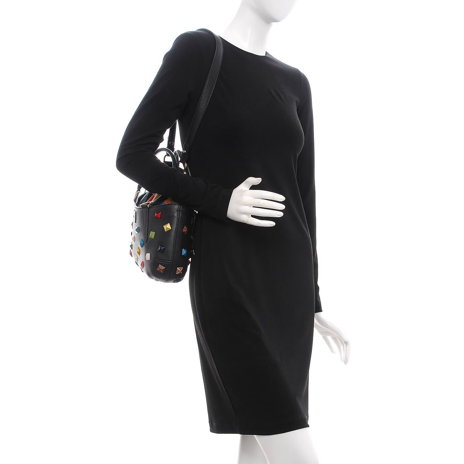 Fendi Calfskin Studded Small Drawstring Satchel Black Multicolor 2 of 10
