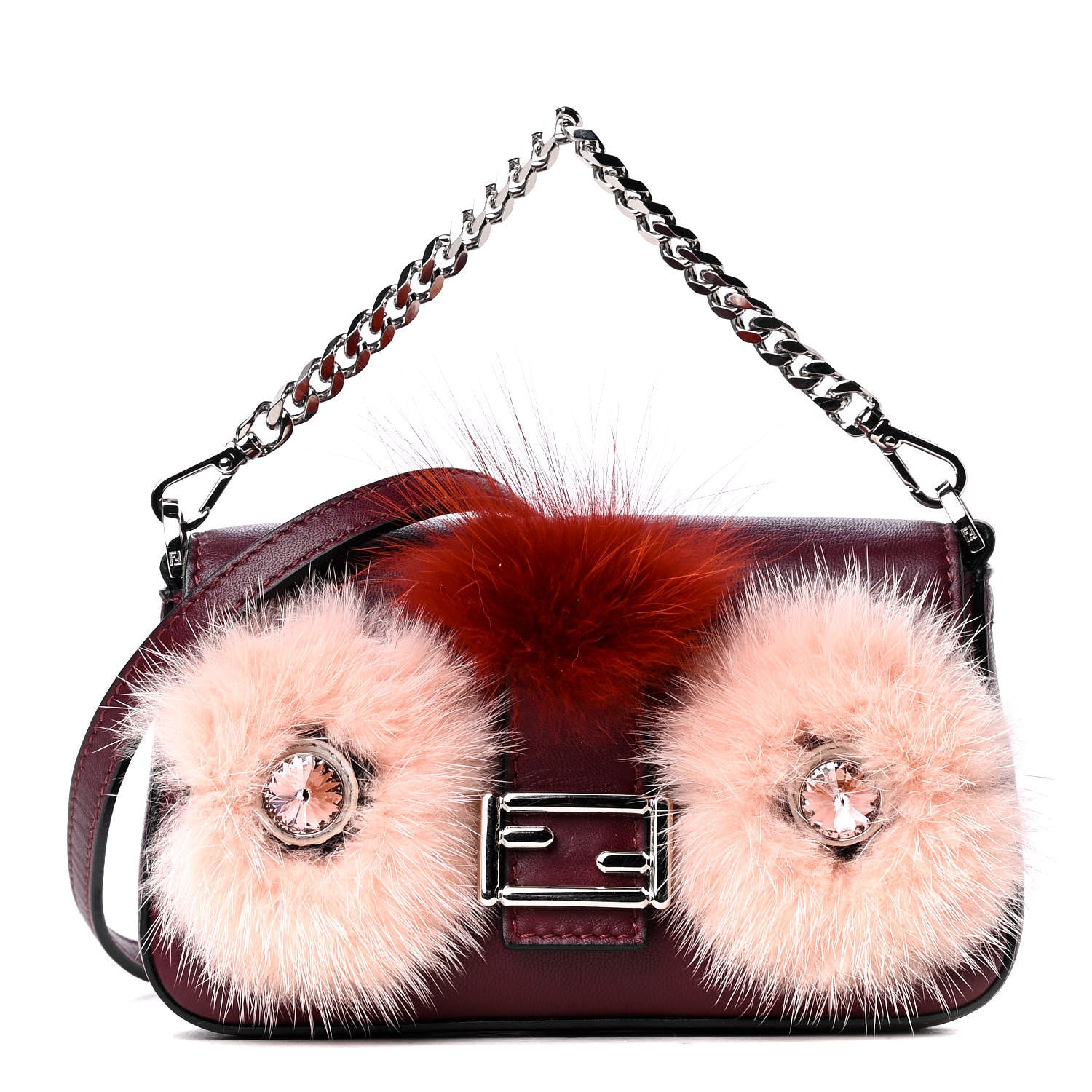 Fendi Shiny Nappa Mink Fox Fur Crystal Micro Buggie Baguette Bordeaux Rust Multicolor 1 of 5