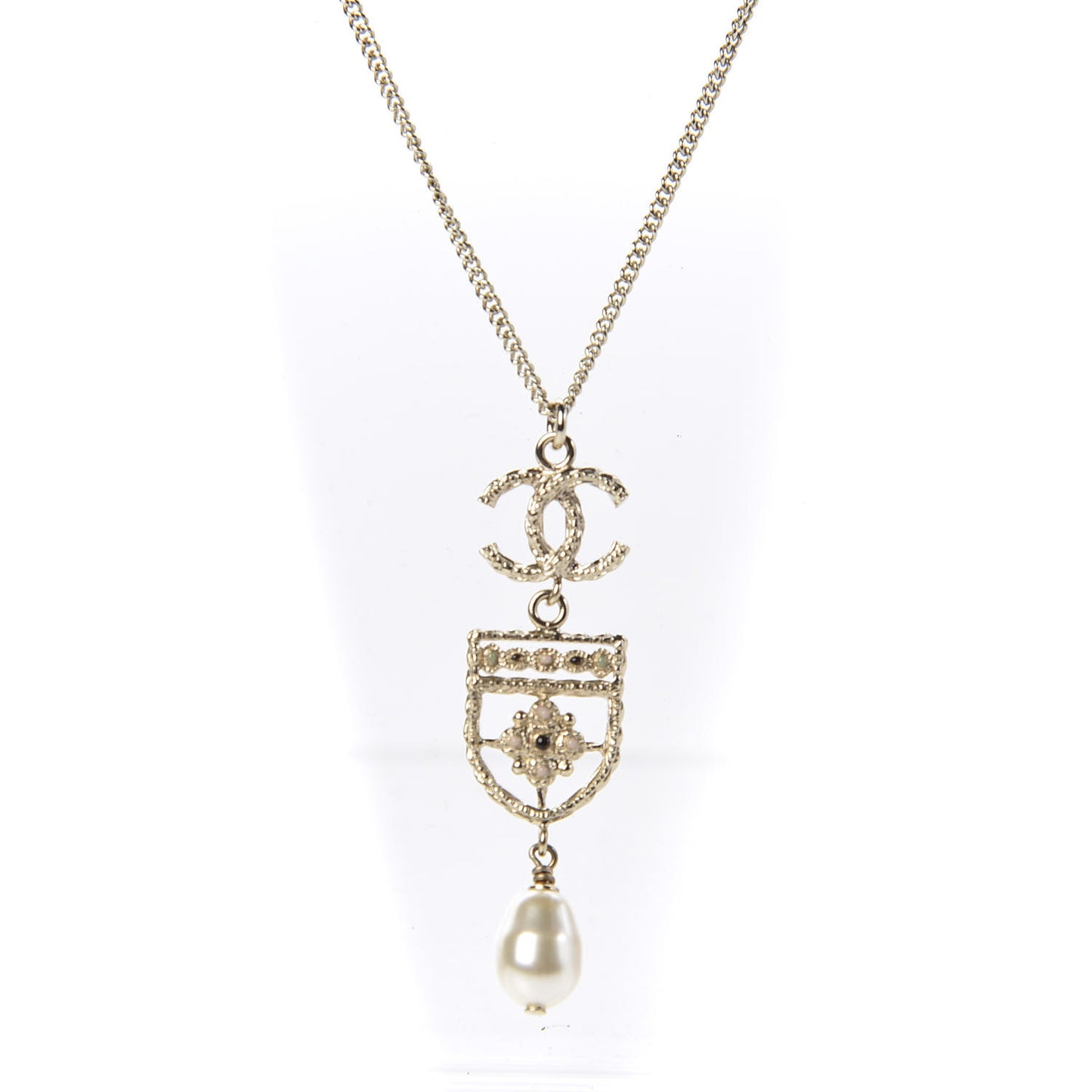Resin Pearl CC Shield Drop Necklace Light Gold