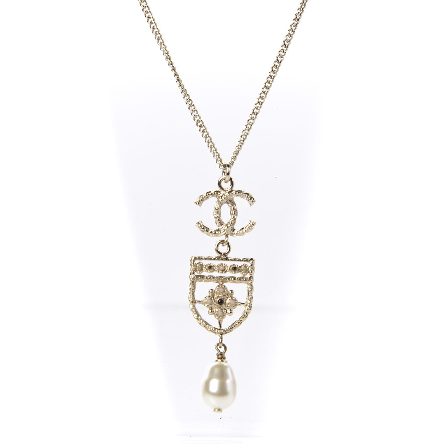Chanel Resin Pearl CC Shield Drop Necklace Light Gold 3 of 5