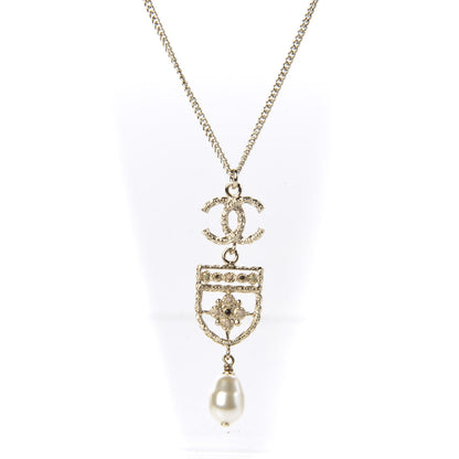 Chanel Resin Pearl CC Shield Drop Necklace Light Gold 3 of 5