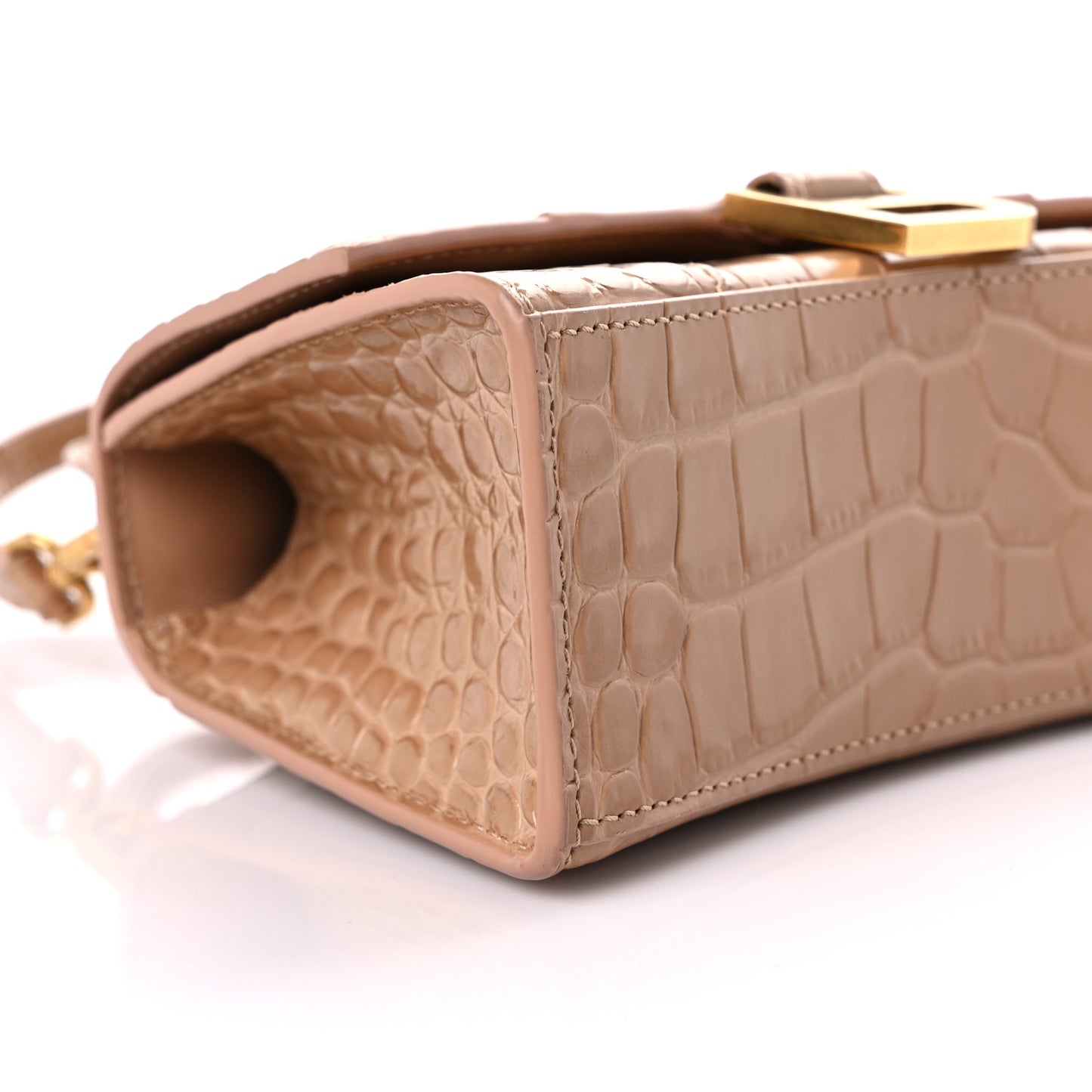Shiny Calfskin Crocodile Embossed Hourglass Top Handle Bag XS Nude Beige