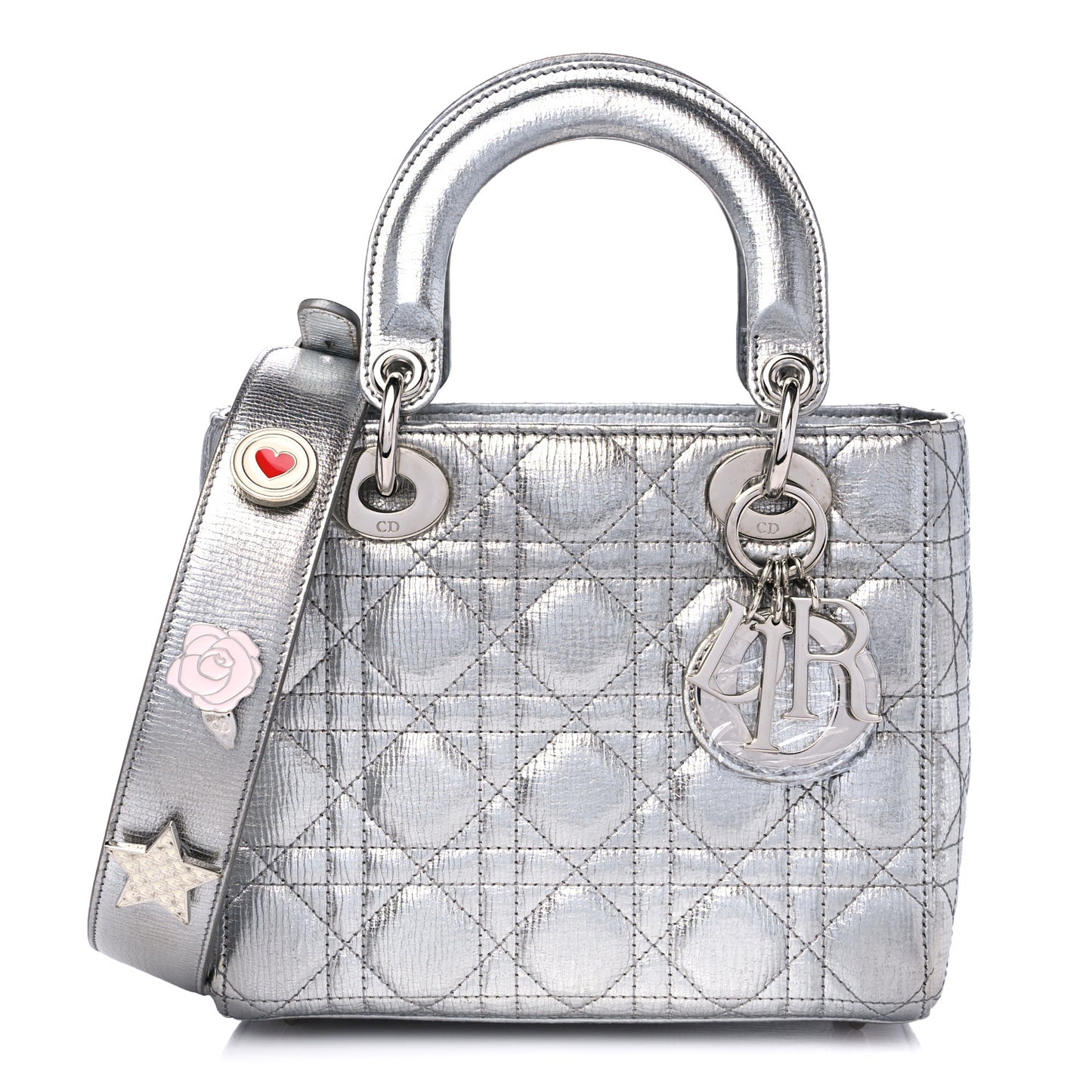 Metallic Grained Calfskin Cannage Small Lucky Badges My Lady Dior Silver