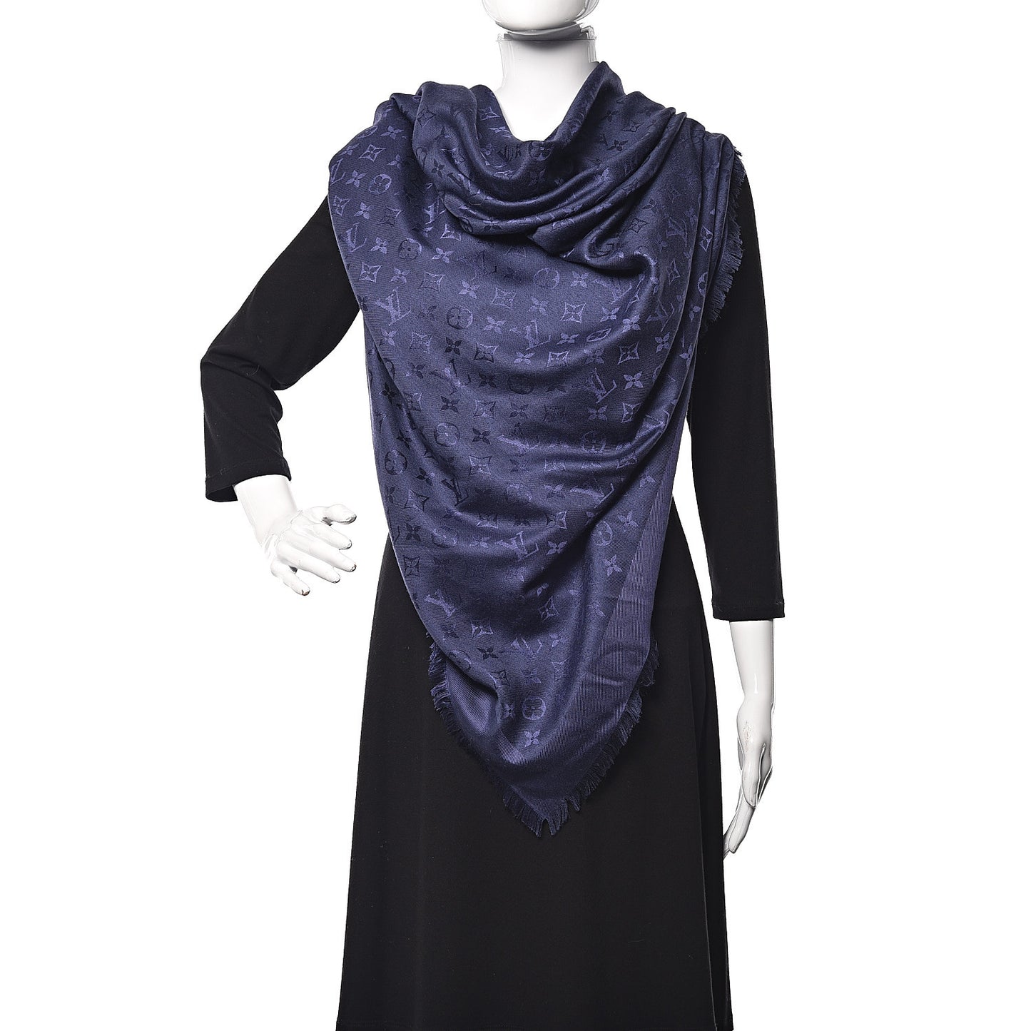 Silk Wool Monogram Shawl Night Blue