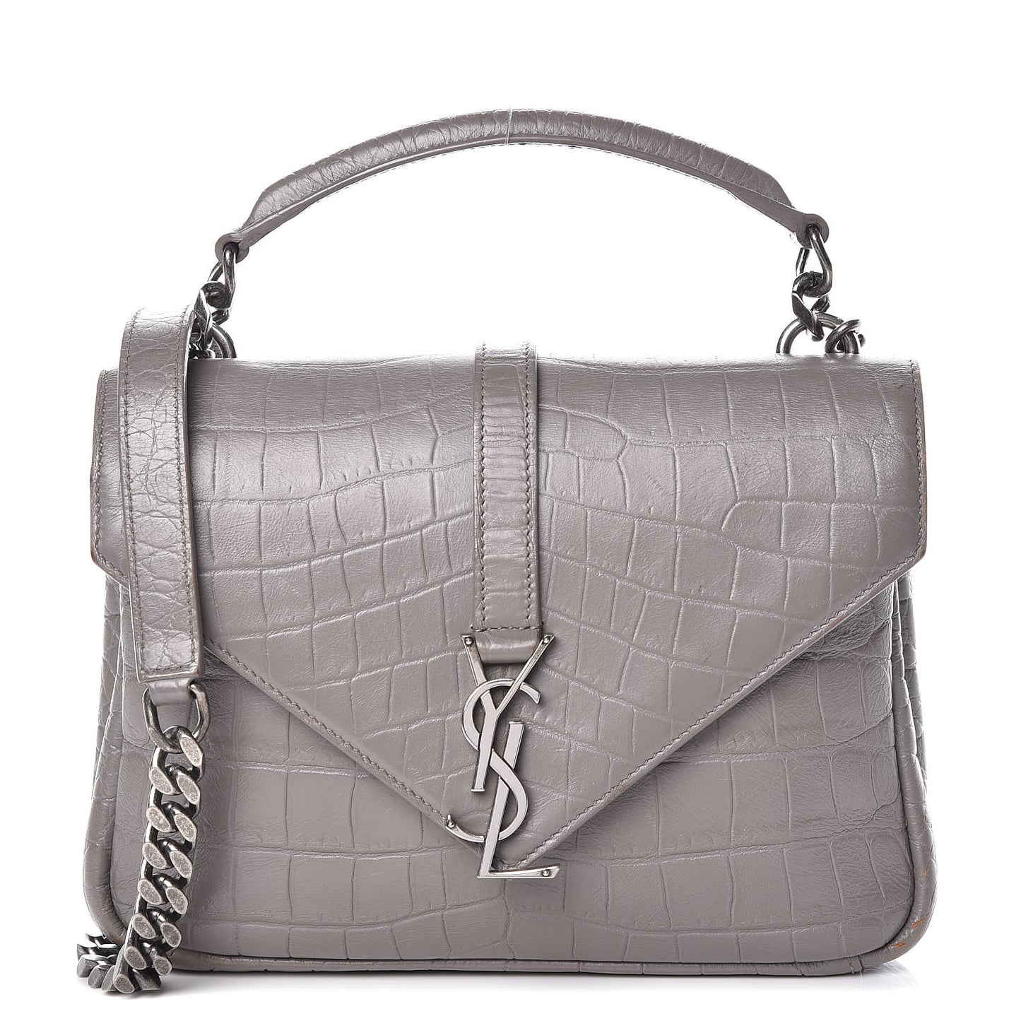 Calfskin Crocodile Embossed Medium College Monogram Satchel Gray