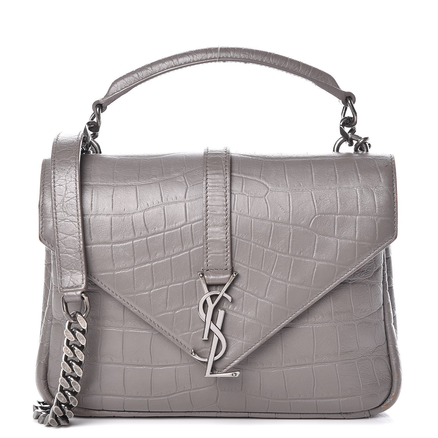 Saint Laurent Calfskin Crocodile Embossed Medium College Monogram Satchel Gray 1 of 15