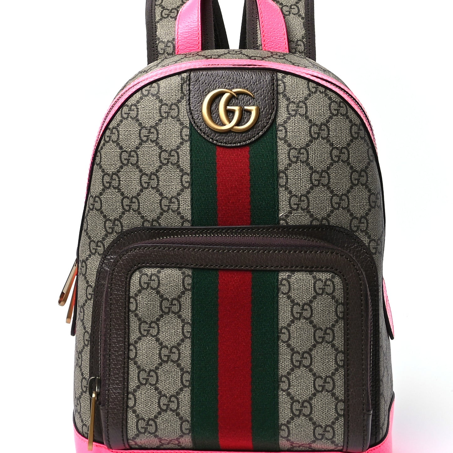 GG Supreme Monogram Textured Dollar Calfskin Web Small Ophidia Day Backpack Beige Ebony Fluorescent Fuchsia