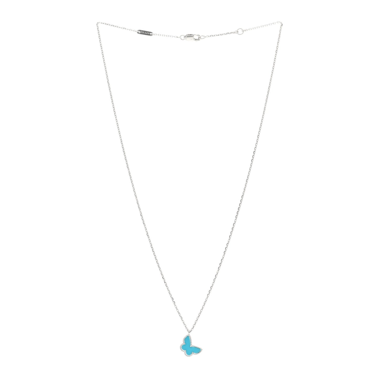 VAN CLEEF & ARPELS 18K White Gold Turquoise Sweet Alhambra Butterfly Pendant Necklace