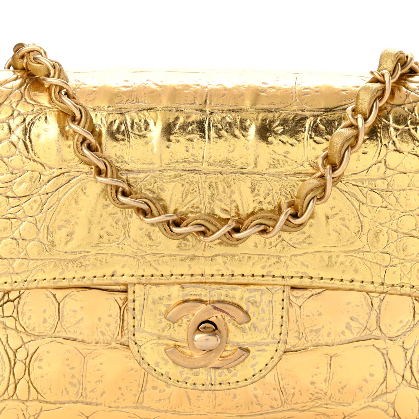Metallic Calfskin Crocodile Embossed Cocodile Rectangular Mini Flap Gold