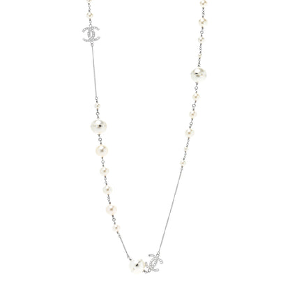Chanel Baguette Crystal Pearl CC Long Necklace Silver 1 of 8
