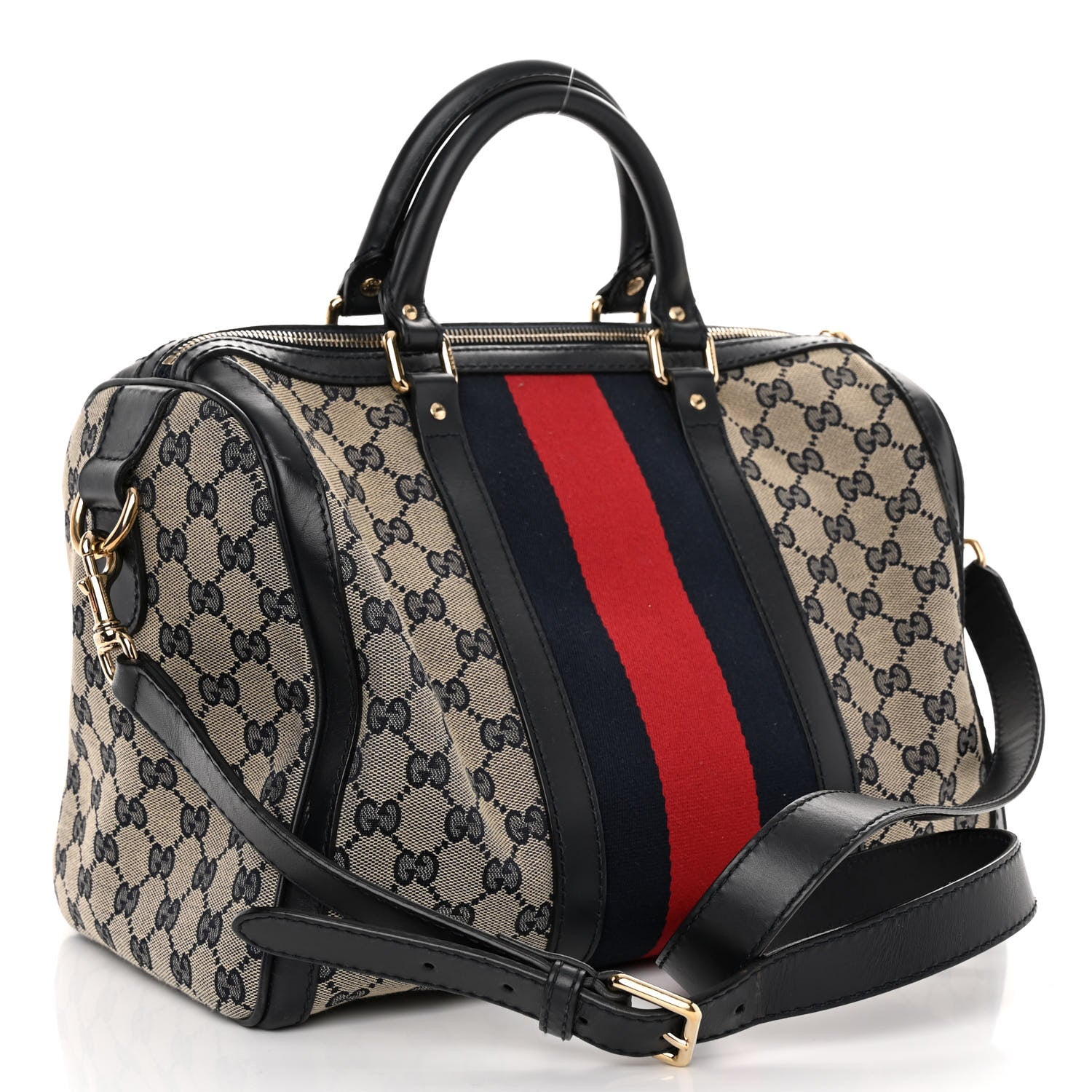 Gucci Monogram Selleria Calfskin Vintage Web Medium Boston Beige Blue 3 of 10