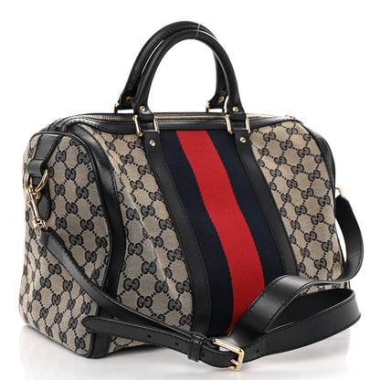 Gucci Monogram Selleria Calfskin Vintage Web Medium Boston Beige Blue 3 of 10
