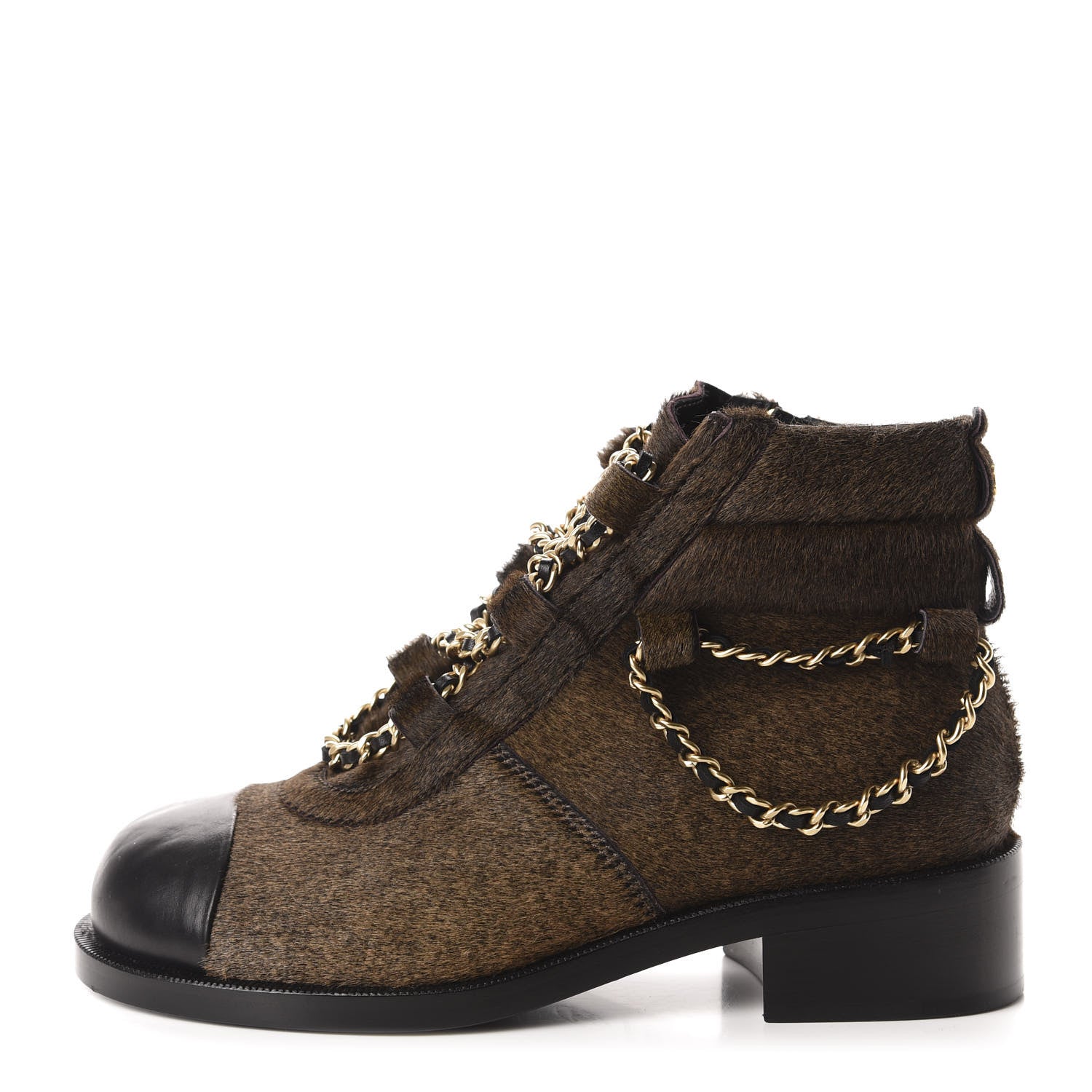 Chanel Calfskin Pony Hair CC Charm Chain Cap Toe Short Boots 36.5 Brown Black 1 of 9