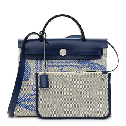 Hermes Vache Hunter Toile H Brides de Gala Herbag Zip Retourne 31 PM Bleu De France Ecru Black 1 of 12