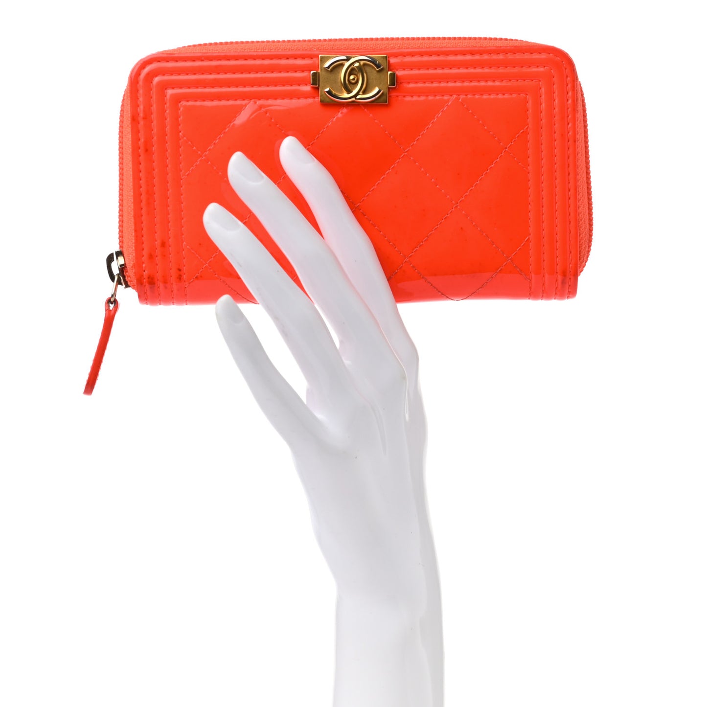 Patent Quilted Small Boy Zip Around Wallet Orange