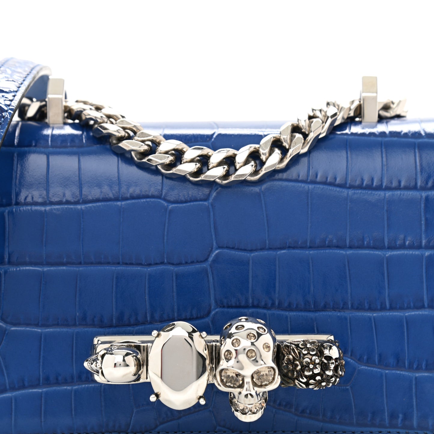 Calfskin Crocodile Embossed Knuckle Shoulder Bag Blue