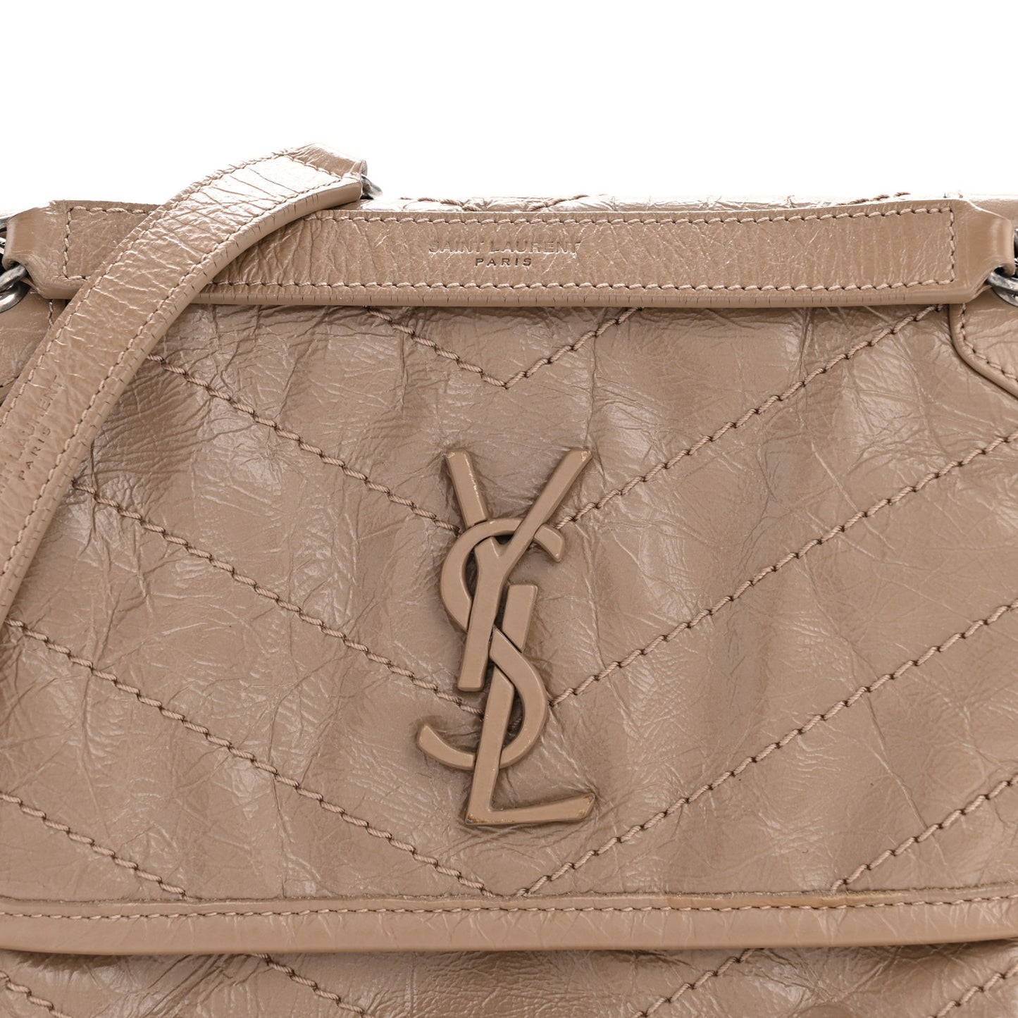 Crinkled Calfskin Matelasse Monogram Baby Niki Chain Satchel Light Taupe