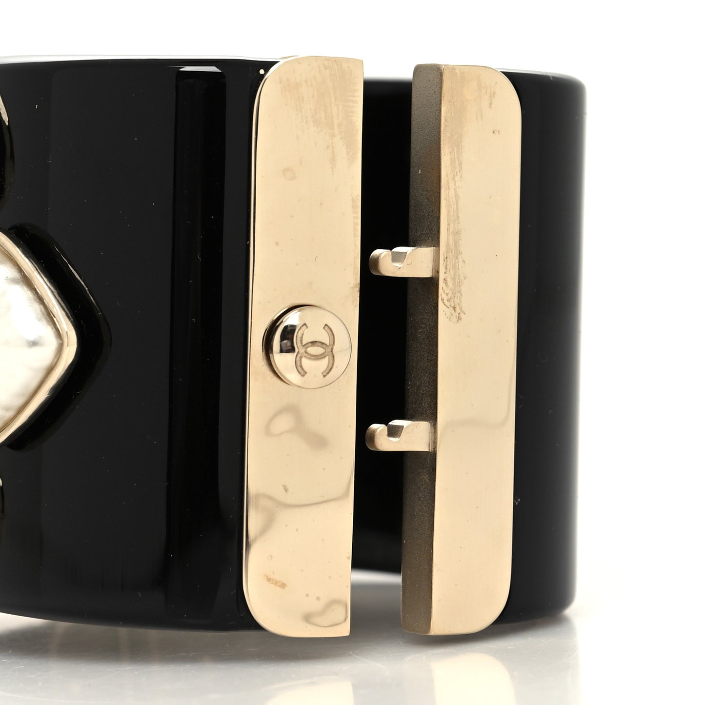 Resin Pearl Enamel CC Cuff Bracelet Black Pearly White Gold