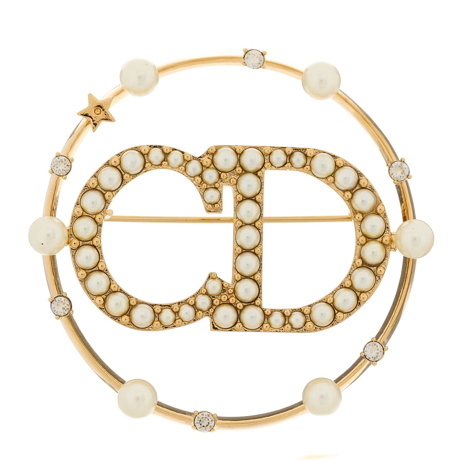 Christian Dior Crystal Pearl Clair D Lune Brooch Gold 1 of 5