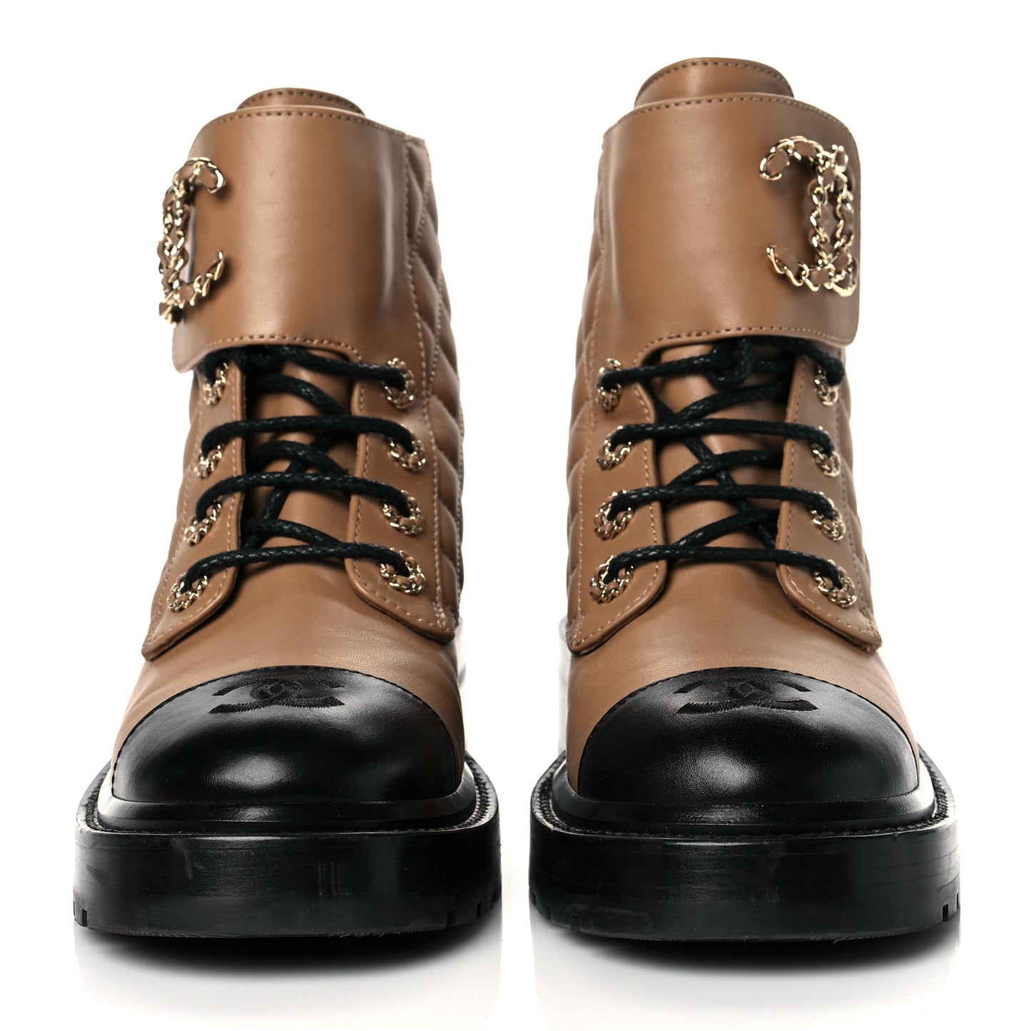 Lambskin Calfskin Quilted Lace Up Combat Boots 37 Light Brown
