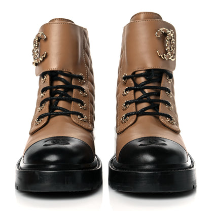 Chanel Lambskin Calfskin Quilted Lace Up Combat Boots 37 Light Brown 2 of 8