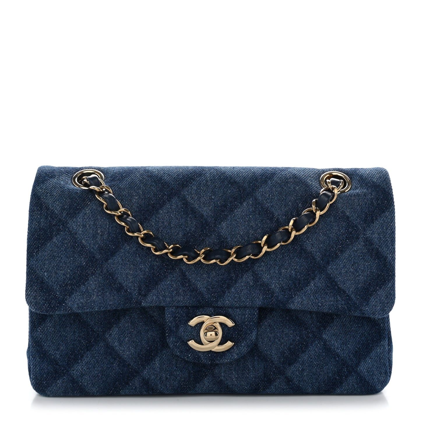 Printed Denim Quilted Small Double Flap Blue